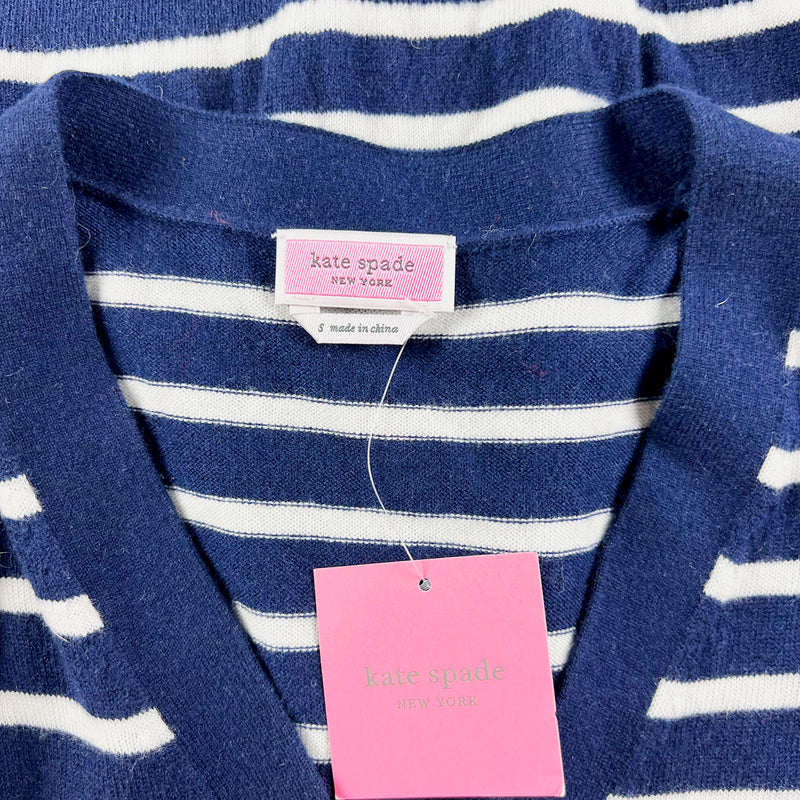 NEW Kate Spade Squid Ink Striped Print V Neck Wool Knit Button Cardigan Sweater