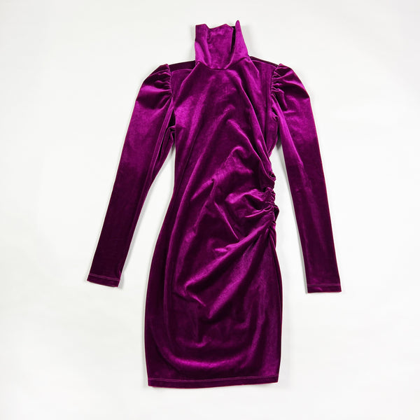 NEW Pam & Gela Mock Neck Shirred Ruched Puff Sleeve Velvet Velour Bodycon Dress