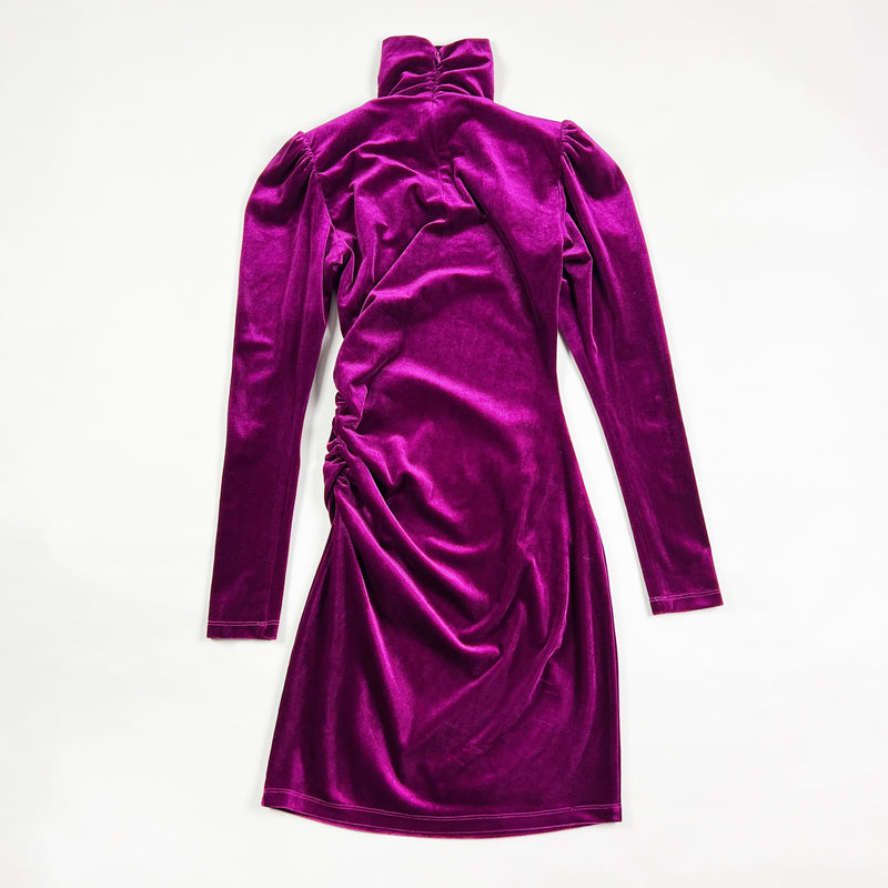 NEW Pam & Gela Mock Neck Shirred Ruched Puff Sleeve Velvet Velour Bodycon Dress