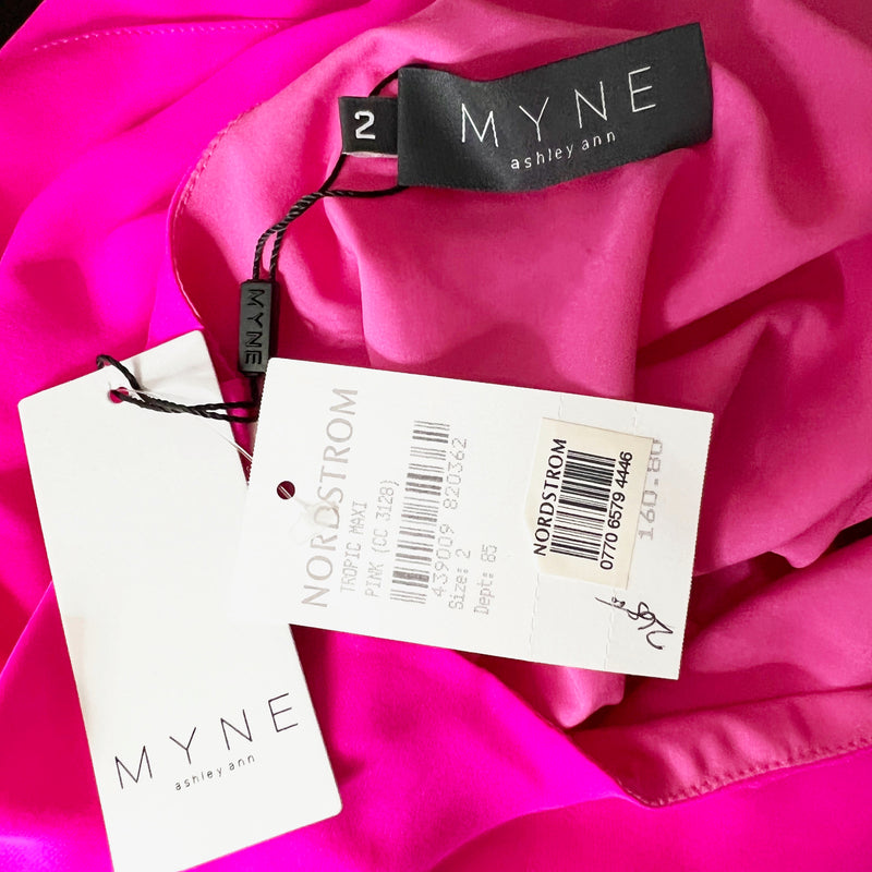 NEW MYNE Solid Hot Pink Silk Chiffon One Shoulder Long Maxi Party Gown Dress 2