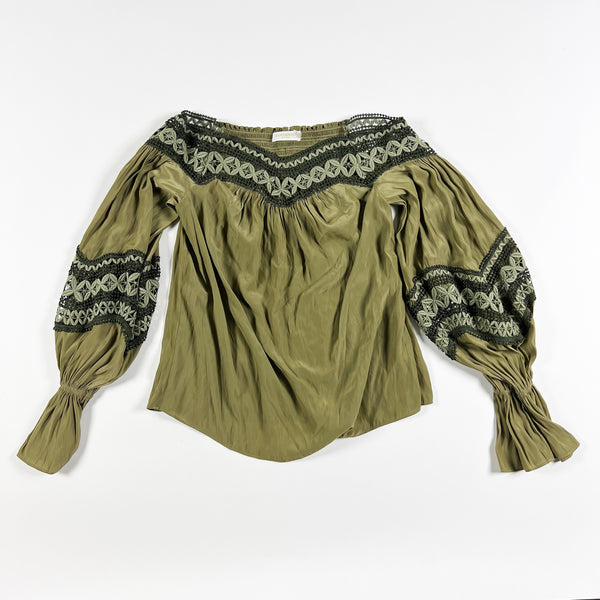 Ramy Brook Olive Green Satin Crochet Knit Embroidered Detail Long Sleeve Blouse