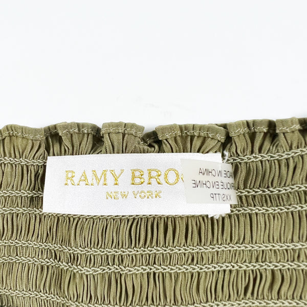 Ramy Brook Olive Green Satin Crochet Knit Embroidered Detail Long Sleeve Blouse
