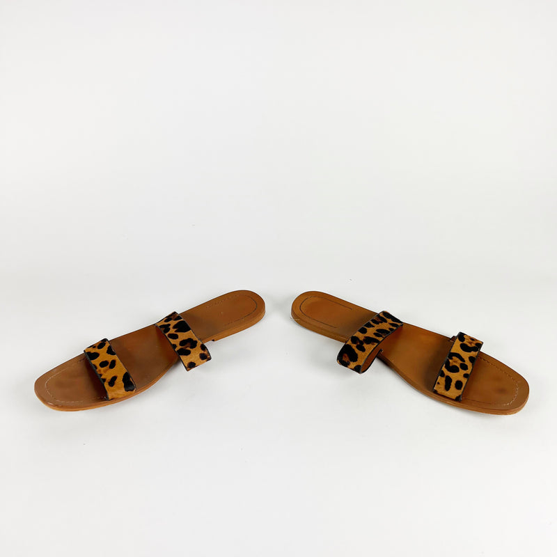Zara Faux Vegan Cheetah Leopard Animal Calf Hair Print Flat Sandals Shoes Brown