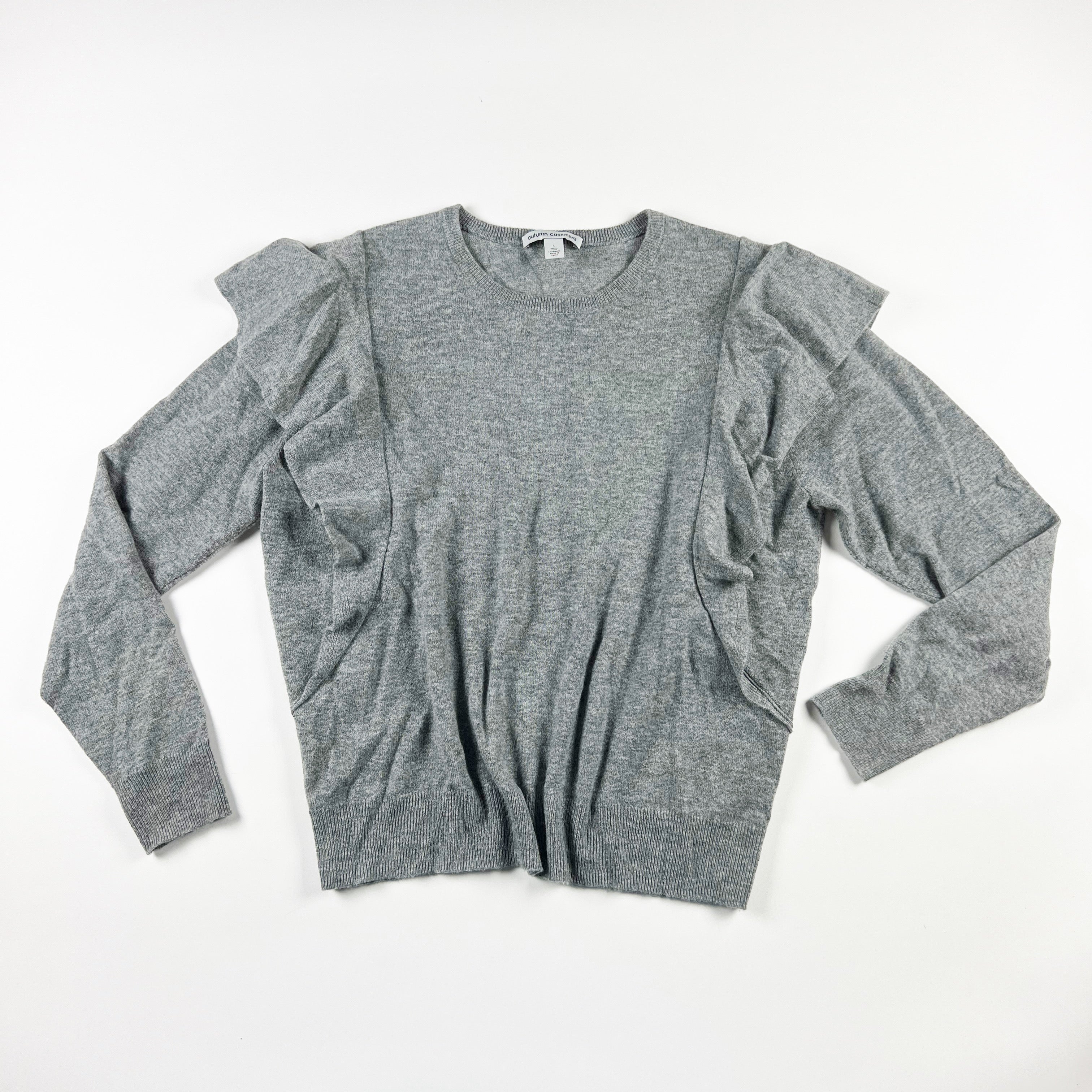 Autumn Cashmere Ultra Soft Knit Crew Neck Blanket Stitch Ruffle Pullover Sweater