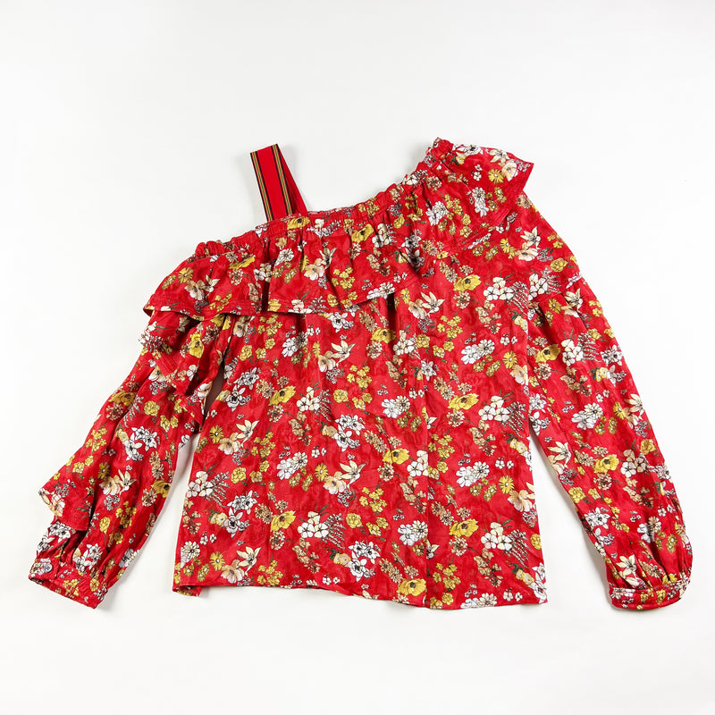 Derek Lam 10 Crosby Asymmetric Floral Print Silk Blend One Shoulder Blouse Top