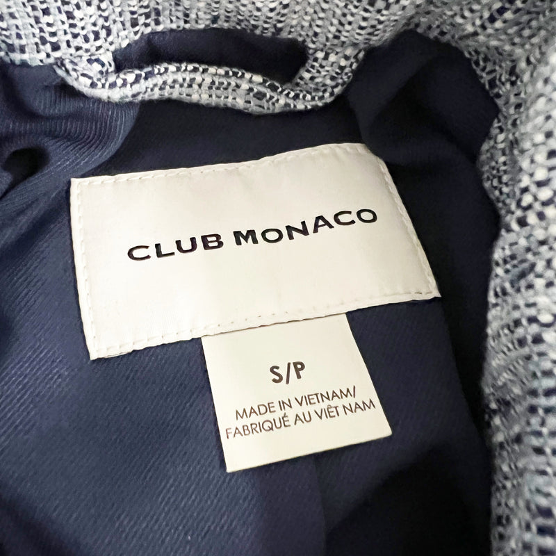 Club Monaco Cotton Blend Tweed Boucle Textured Collared Full Zip Jacket Blue S