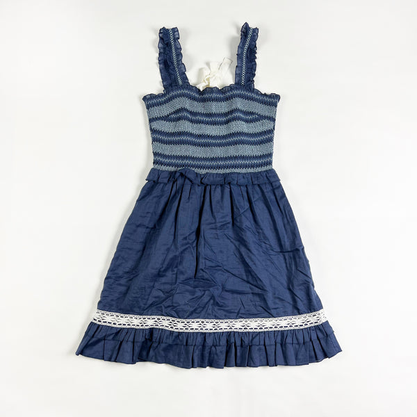 Kisuii Lexia Smocked Voile Cotton Embroidered Tie Back Detail Mini Blue Dress XS