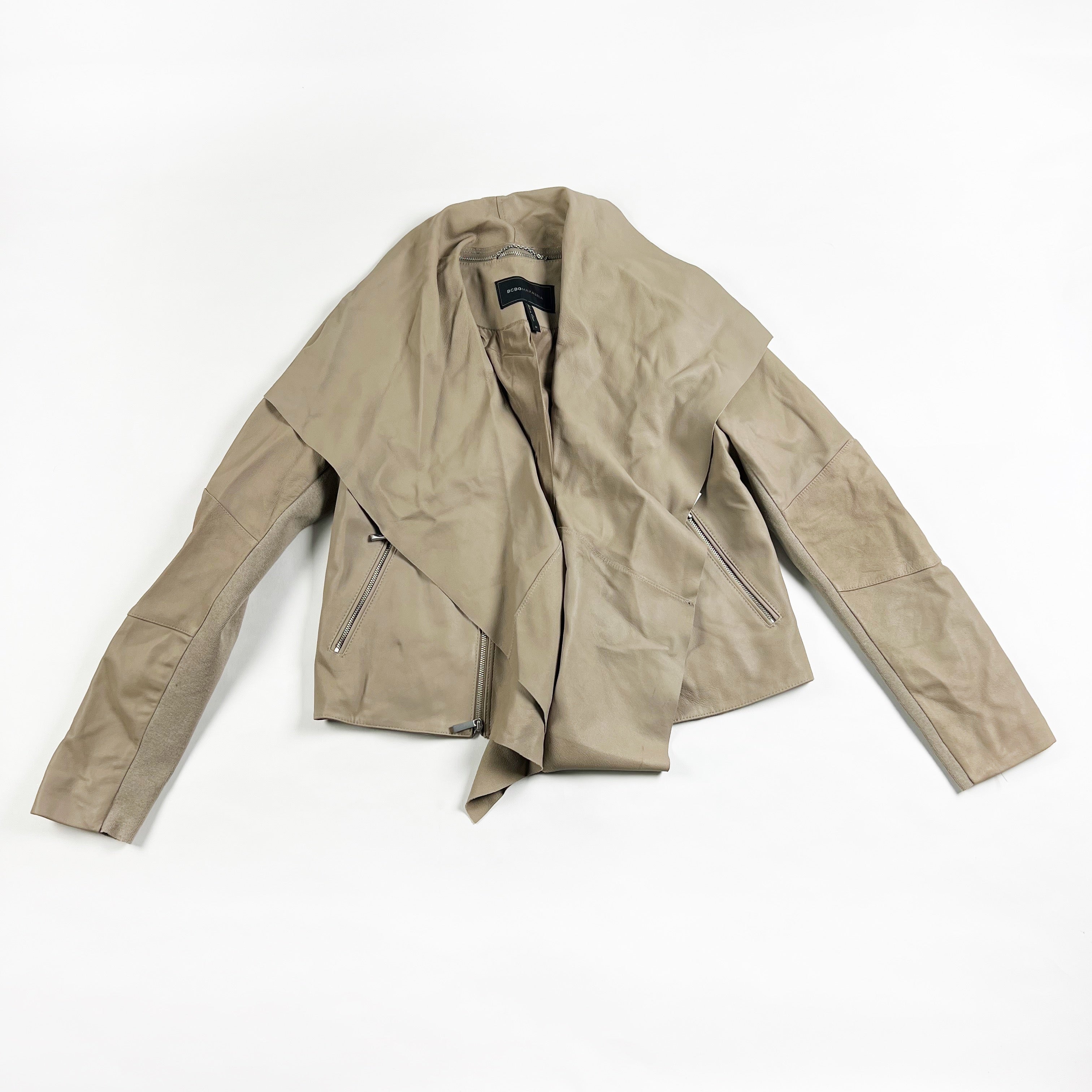 BCBGMaxAzria Kennedy Genuine Goat Leather Waterfall Moto Jacket Coat Taupe M