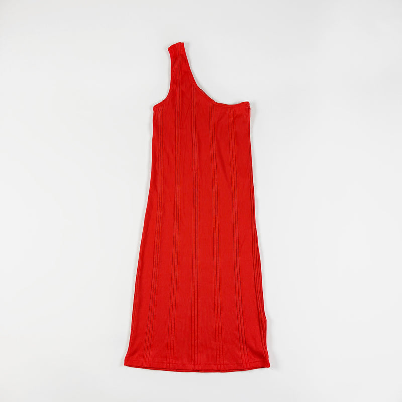 Frame One Shoulder Ribbed Knit Stretch Modal Cotton Fiery Red Bodycon Dress L