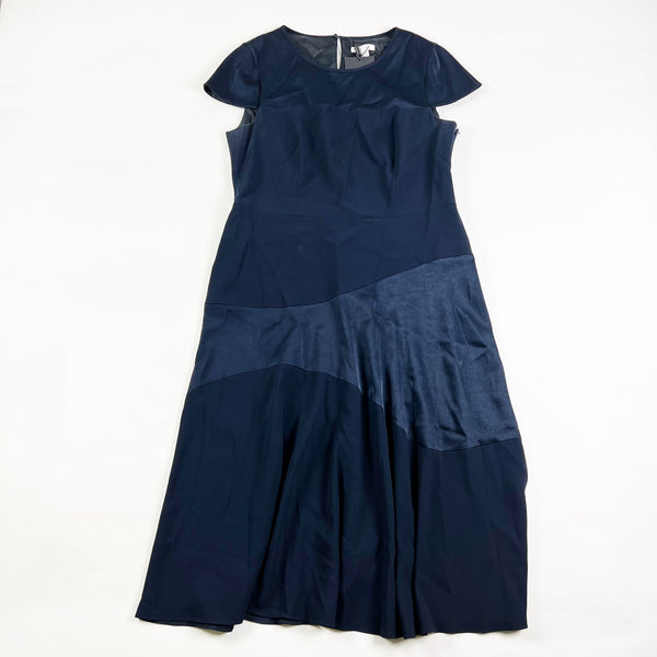 NEW Paule Ka Marine Navy Blue Crepe Satin Panel A Line Pullover Midi Dress