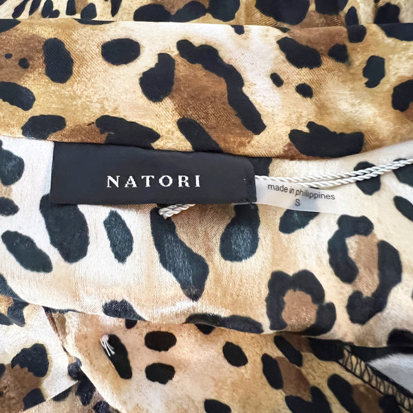 NEW Natori Cheetah Leopard Animal Print Pattern Satin Pajama Lounge Shirt Small