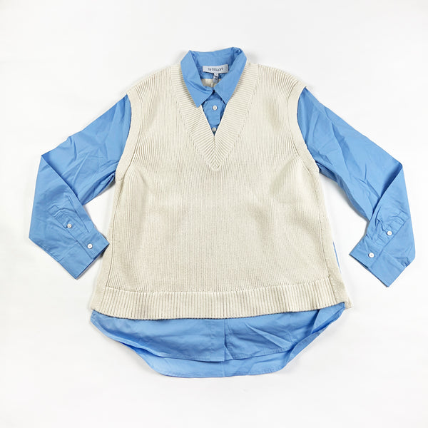 NEW Derek Lam 10 Crosby Paige Knit Vest & Shirt Top Overlay Set Blue Ivory Large