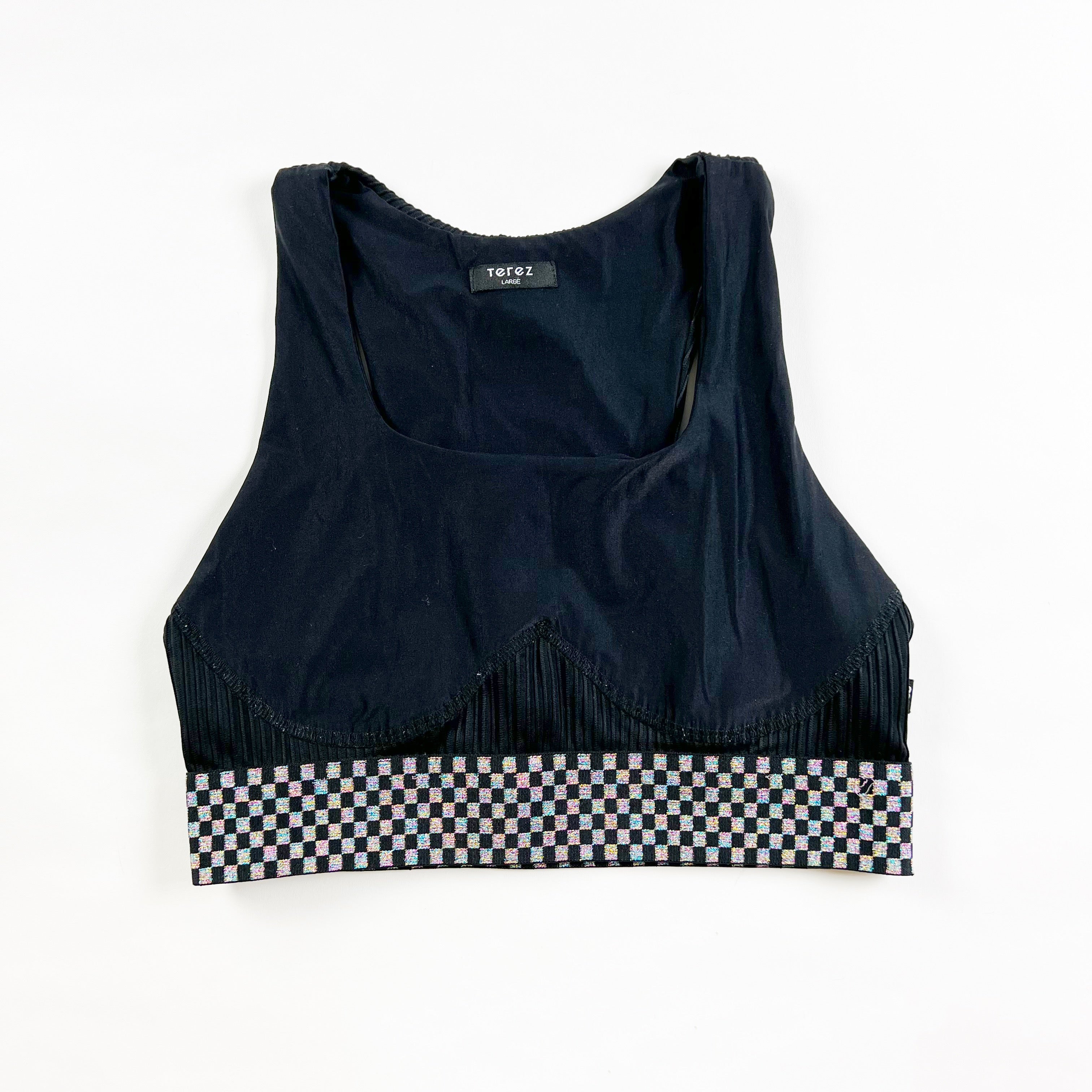 Terez Black Silver Metallic Sparkle Micro Check Print Athletic Sports Bra Large