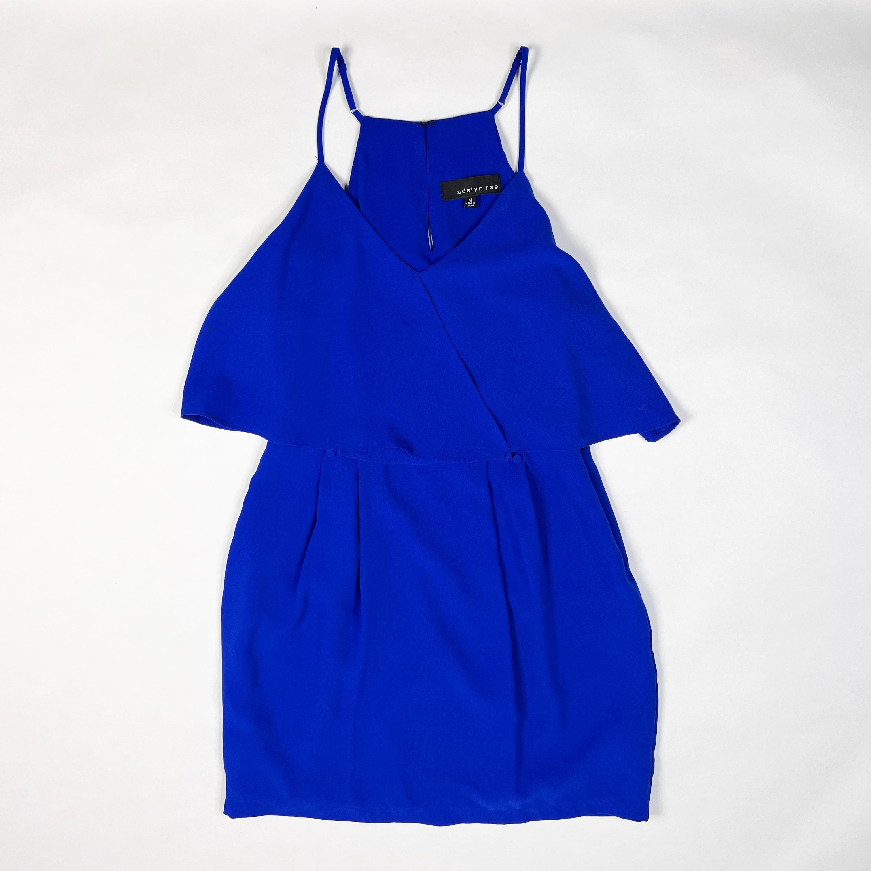 Adelyn Rae Solid Blue Crepe Flirty Ruffle Overlay Sleeveless Tank Mini Dress M