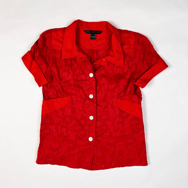 MARC By Marc Jacobs Cotton Sheer Burn Out Red Floral Collar Short Sleeve Blouse 