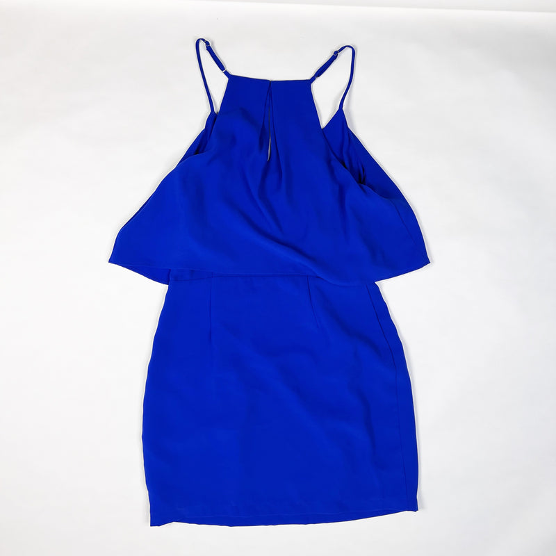 Adelyn Rae Solid Blue Crepe Flirty Ruffle Overlay Sleeveless Tank Mini Dress M