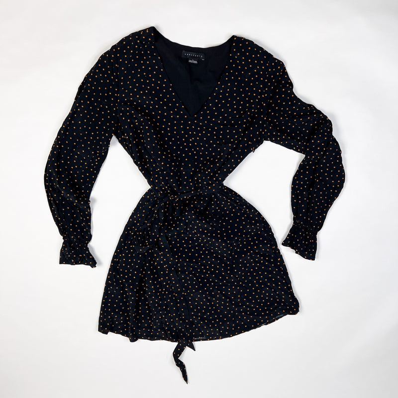 Sanctuary Black Brown Polka Dot Print Pattern Chiffon Belted Pullover Mini Dress
