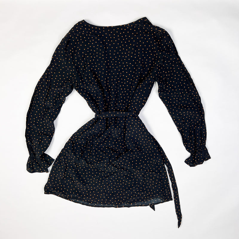 Sanctuary Black Brown Polka Dot Print Pattern Chiffon Belted Pullover Mini Dress