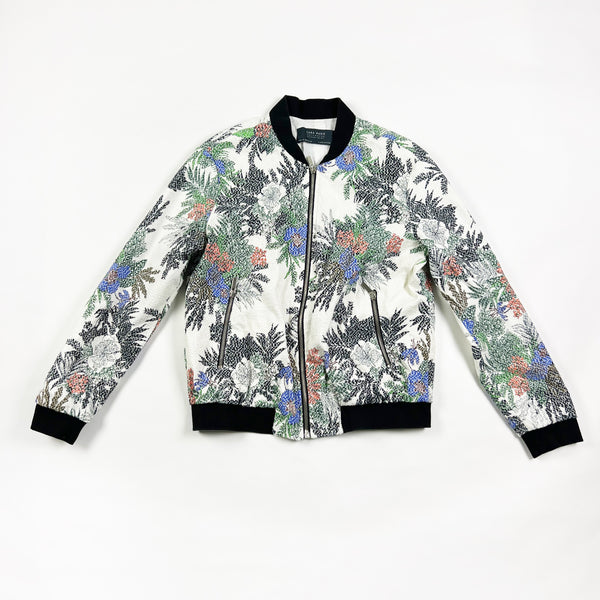 Zara Basic Outerwear Department Textured Floral Print Full Zip Bomber Jacket S