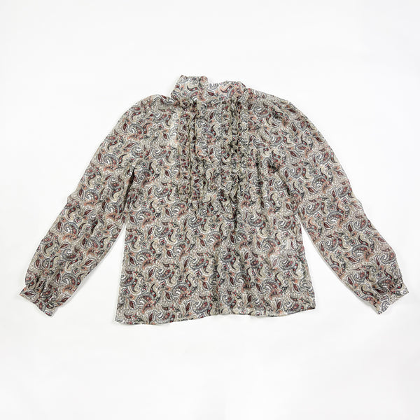 NEW Zara Semi Sheer Paisley Print Pattern Chiffon Ruffle Long Sleeve Blouse Top