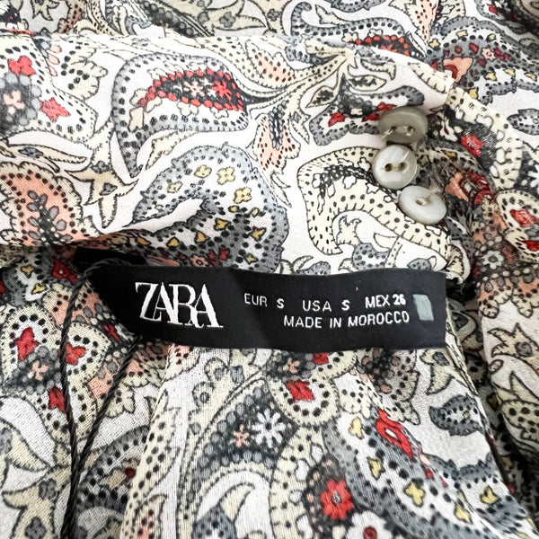 NEW Zara Semi Sheer Paisley Print Pattern Chiffon Ruffle Long Sleeve Blouse Top