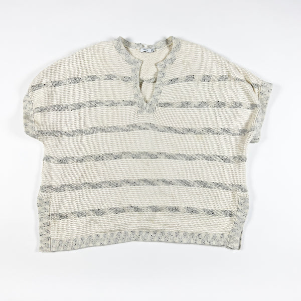 Vince Popover Cotton Chunky Knit V Neck Short Sleeve Pullover Gray Ivory Sweater