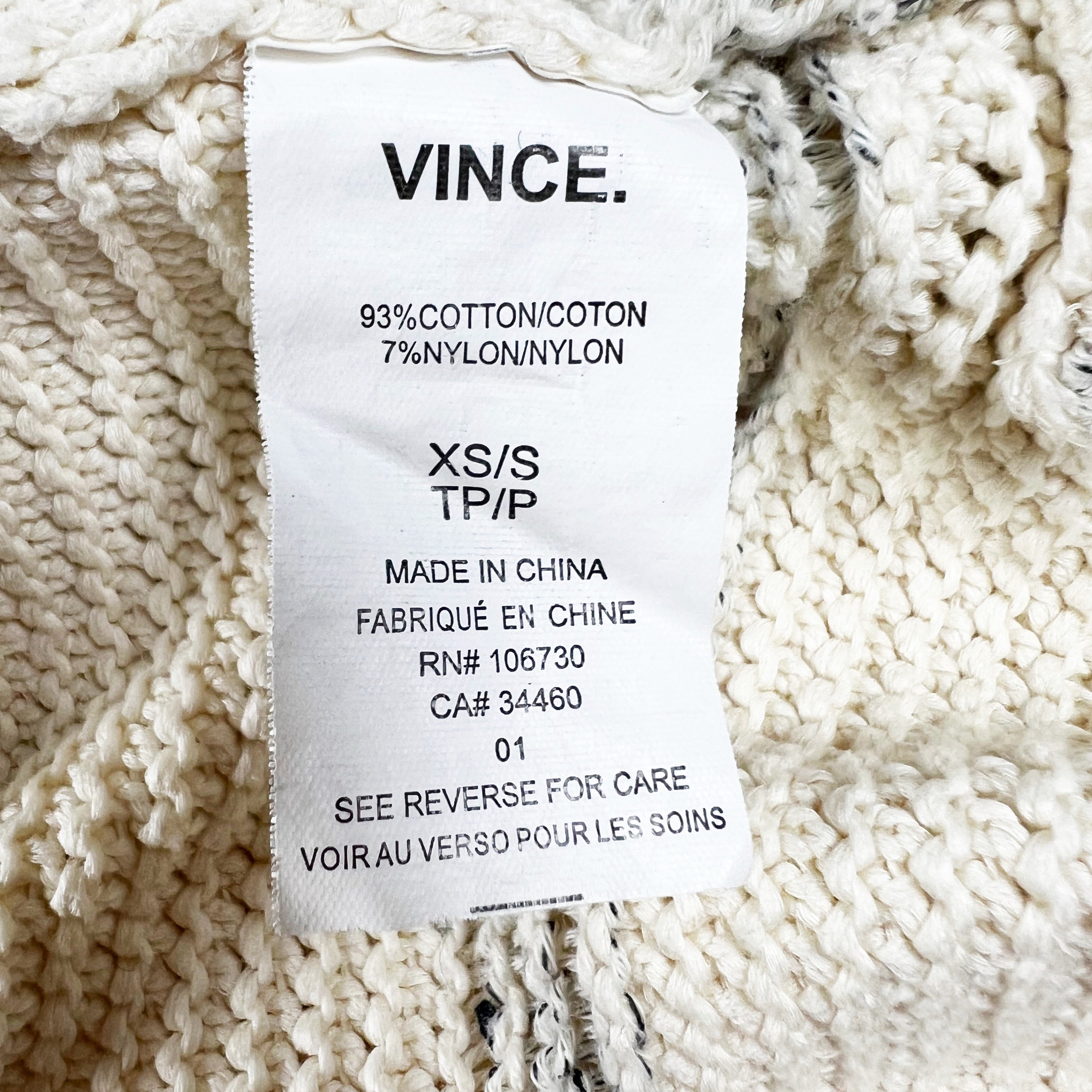 Vince Popover Cotton Chunky Knit V Neck Short Sleeve Pullover Gray Ivory Sweater