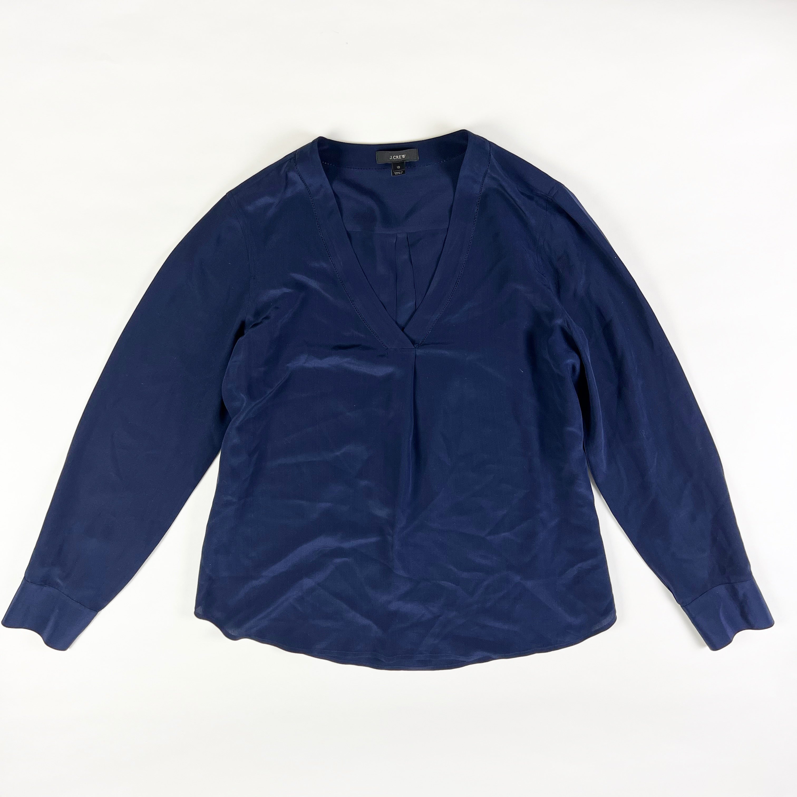 J. Crew Women's Solid Navy Blue Polished Chiffon V Neck Long Sleeve Blouse Shirt