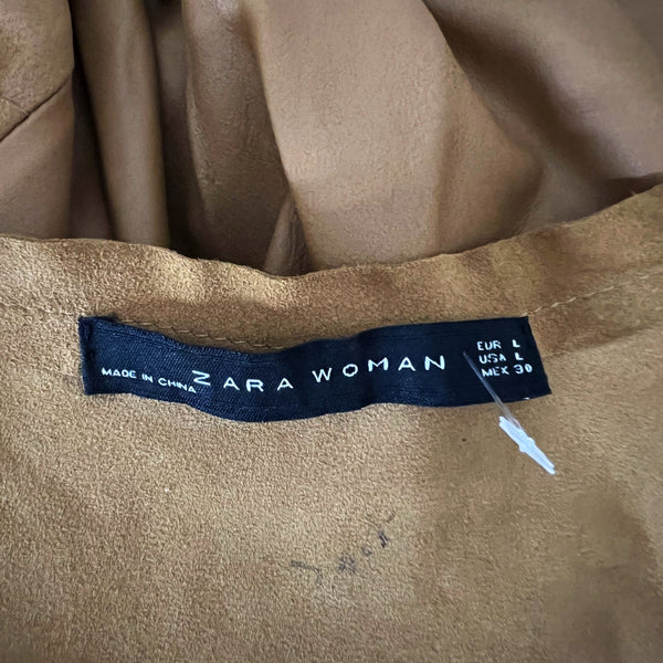 Zara Woman Faux Vegan Suede Leather Sleeveless Tiered Ruffle Mini Dress Brown L