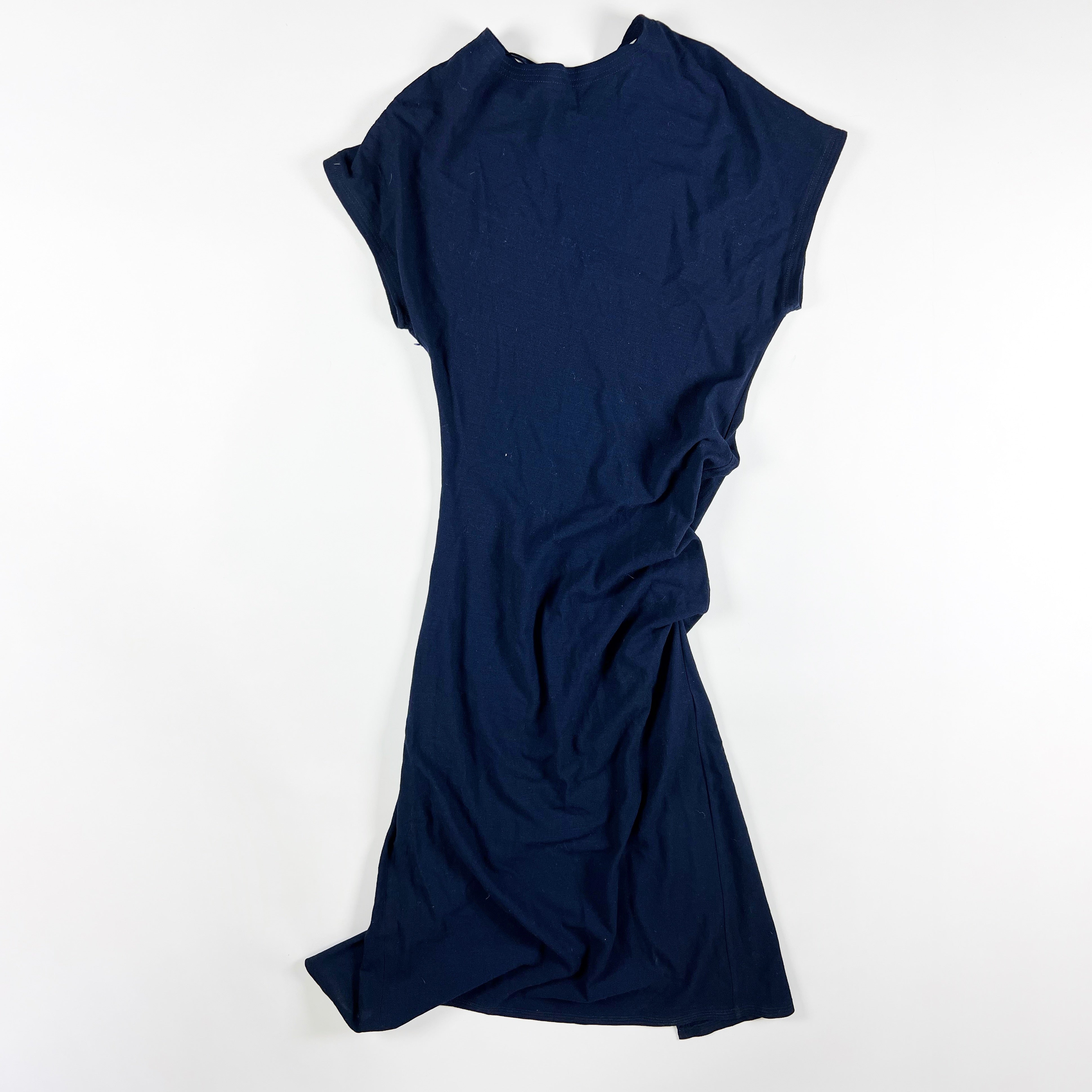 Zara Crepe Ruched Pleated Side Short Sleeve Bodycon Midi Dress Solid Navy Blue