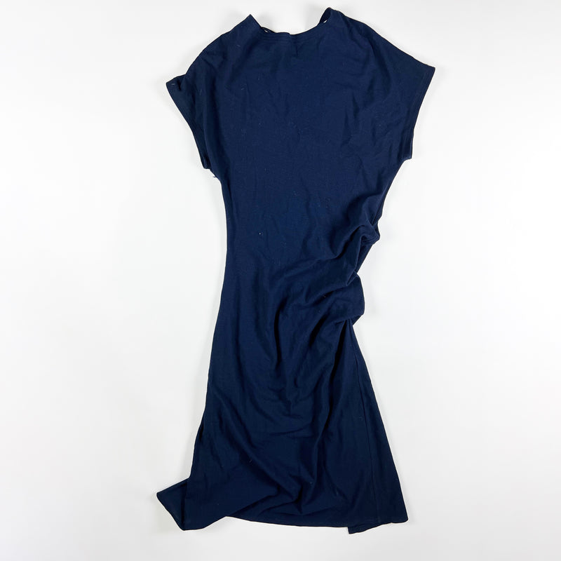 Zara Crepe Ruched Pleated Side Short Sleeve Bodycon Midi Dress Solid Navy Blue