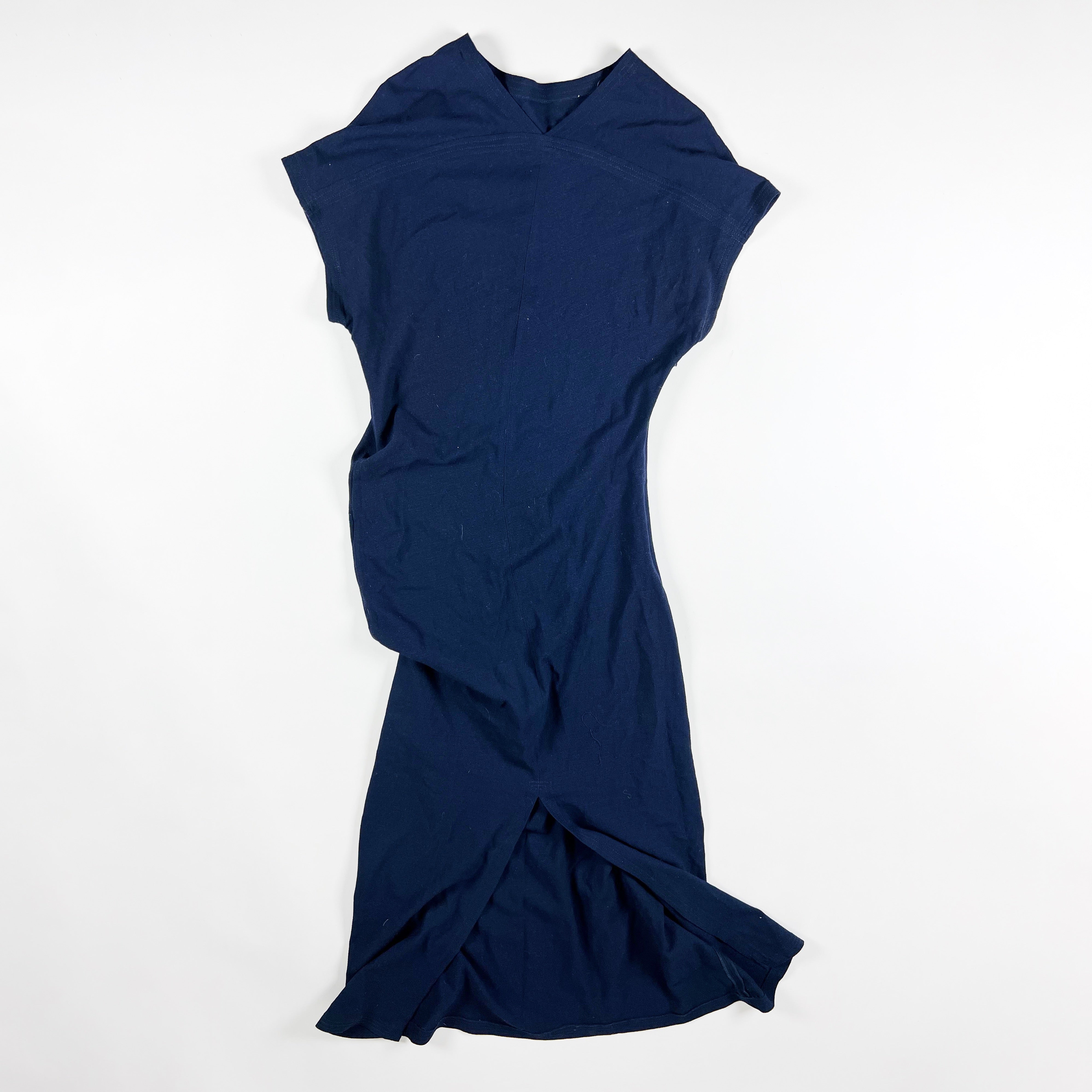 Zara Crepe Ruched Pleated Side Short Sleeve Bodycon Midi Dress Solid Navy Blue