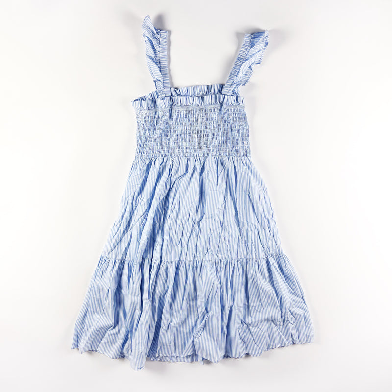 NEW Eloquii Smocked Stretch Bodice Blue White Pinstripe Print Ruffle Day Dress