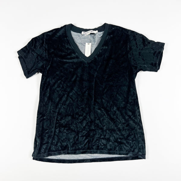 NEW Michael Stars Solid Black Velvet Velour V Neck Short Sleeve Tee Shirt Blouse