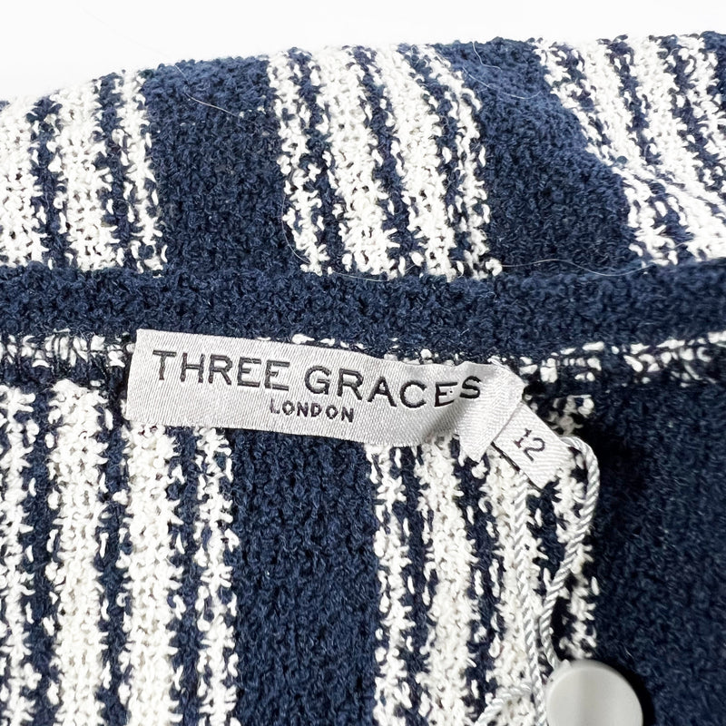 NEW Three Graces Livetta Kaftan Cotton Knit Textured Pullover Midi Dress Navy 12