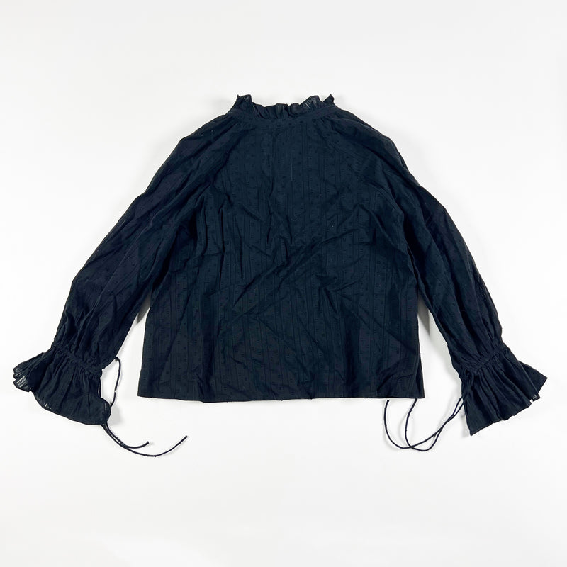 Nili Lotan Thelina Cotton V Neck Long Ruffle Sleeve Pullover Black Blouse Shirt