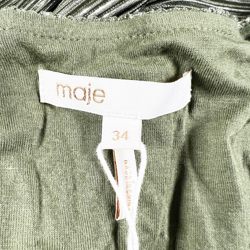 NEW Maje Romea Khaki Green Metallic Pleated Deep V Neck Bodycon Mini Dress XS