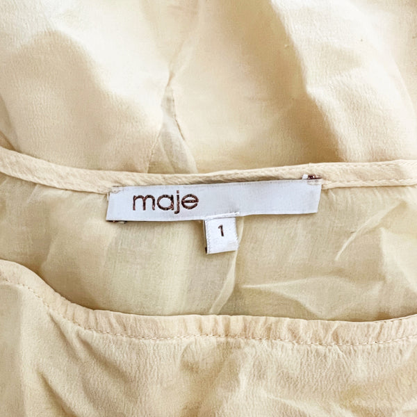 Maje Silk Chiffon Pocket Front Detail Quarter Sleeve Crew Neck Blouse Shirt Top