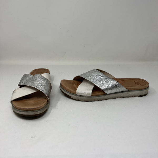 Ugg Kari Genuine Leather silver Open Toe Flat Slip On Sandals Shoes Silver White