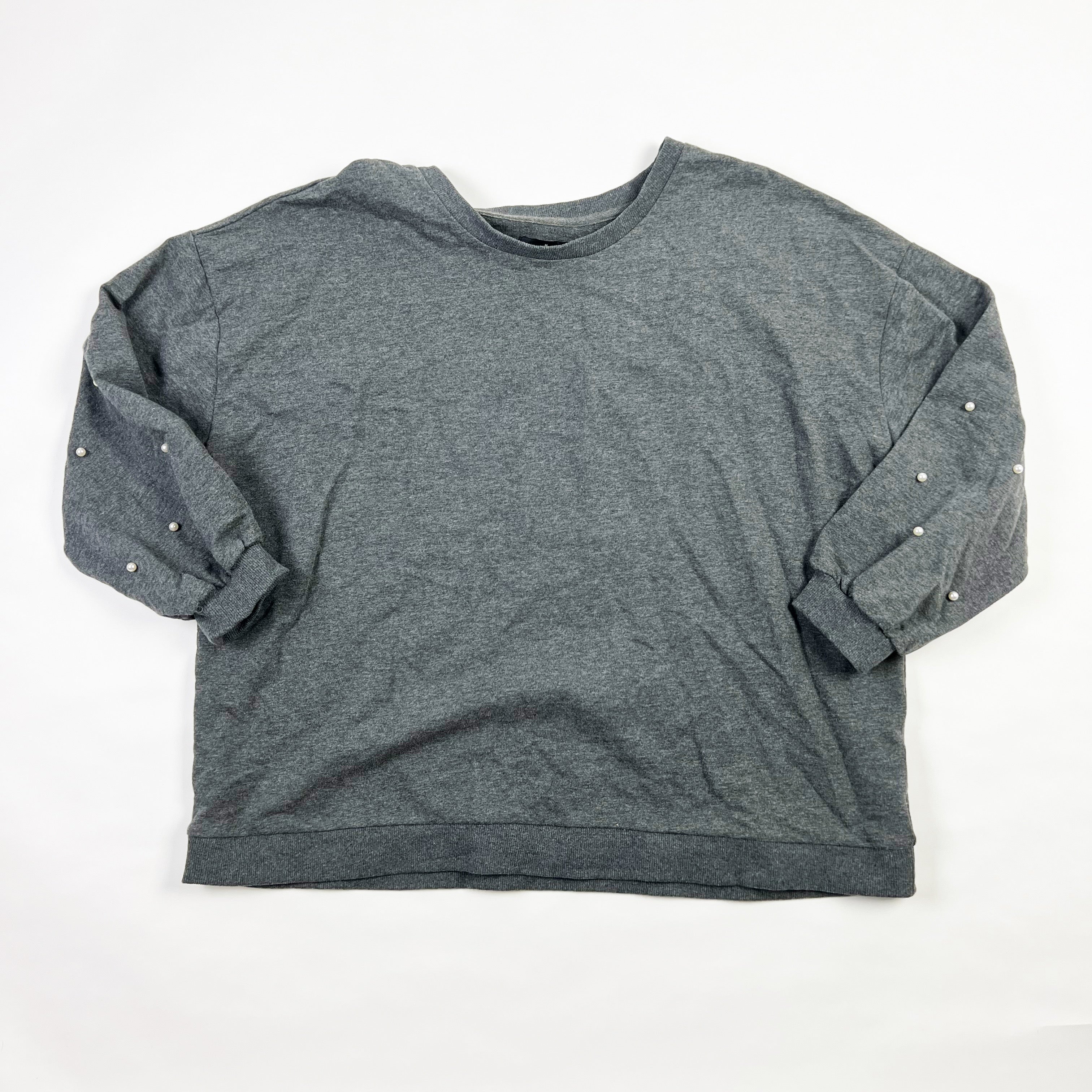 Ellos Cotton Blend Pearl Beaded Embellished Crew Neck Pullover Gray Sweater