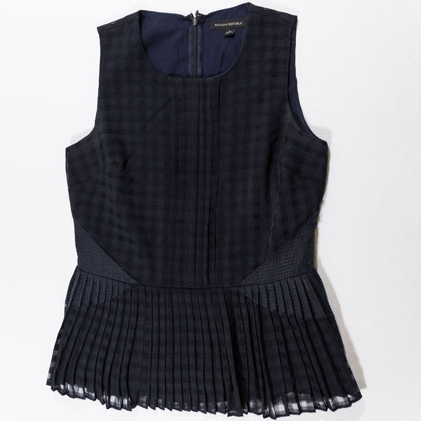 Banana Republic Blue Sleeveless Gingham Check Print Pleated Ruffle Blouse Shirt