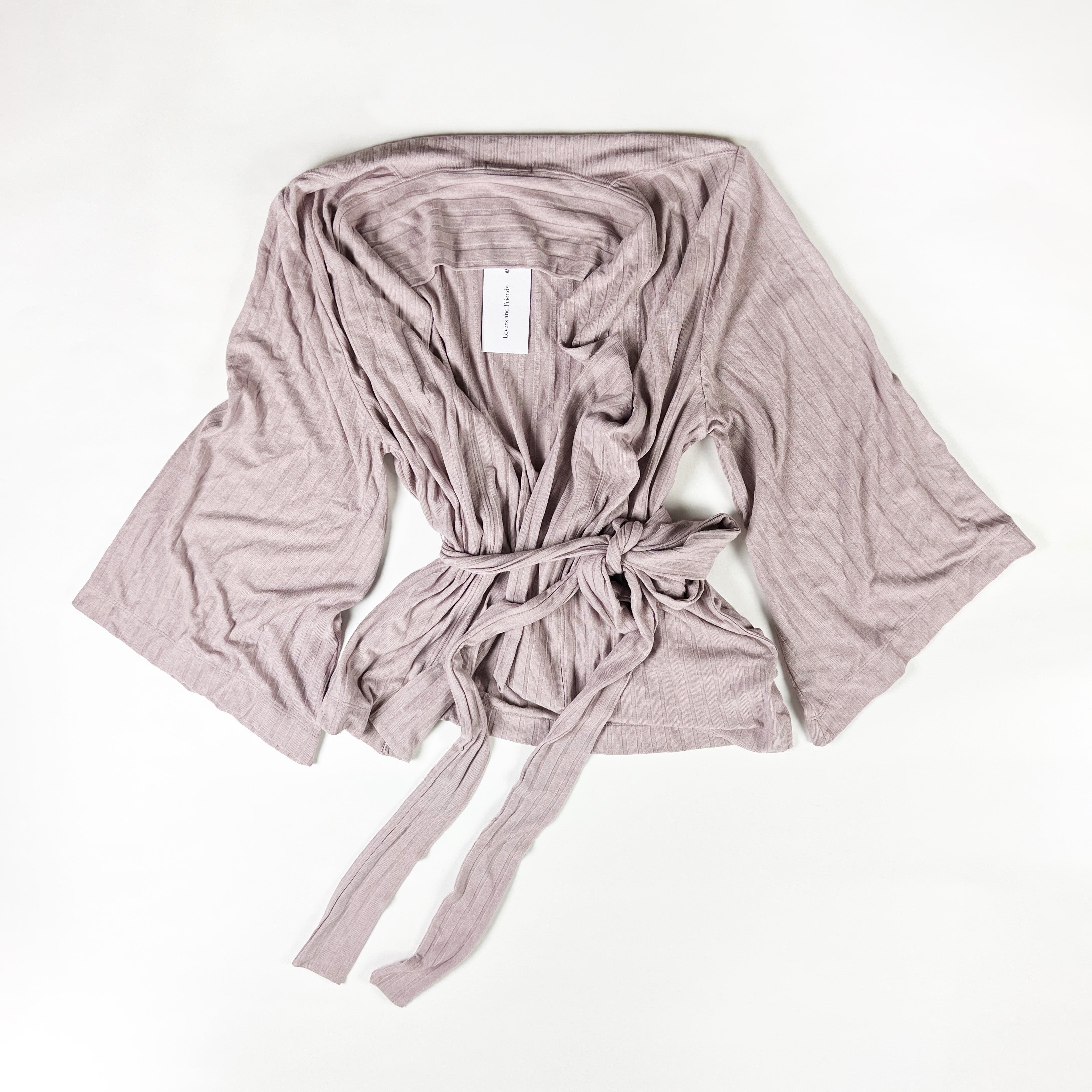 NEW Lovers + Friends Ribbed Knit Stretch Belted Open Front Kimono Cardigan Mauve