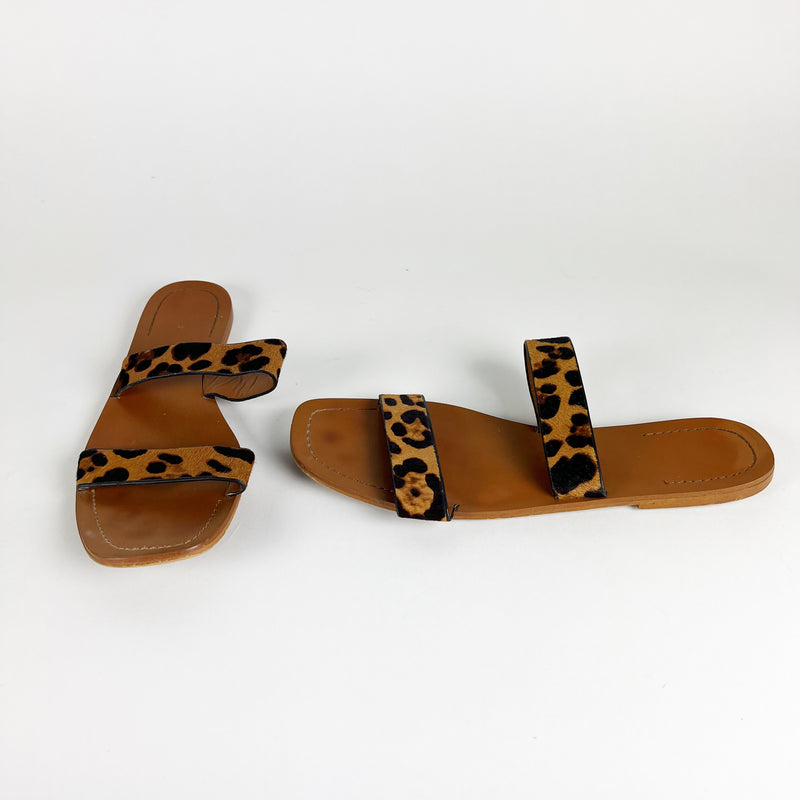 Zara Faux Vegan Cheetah Leopard Animal Calf Hair Print Flat Sandals Shoes Brown