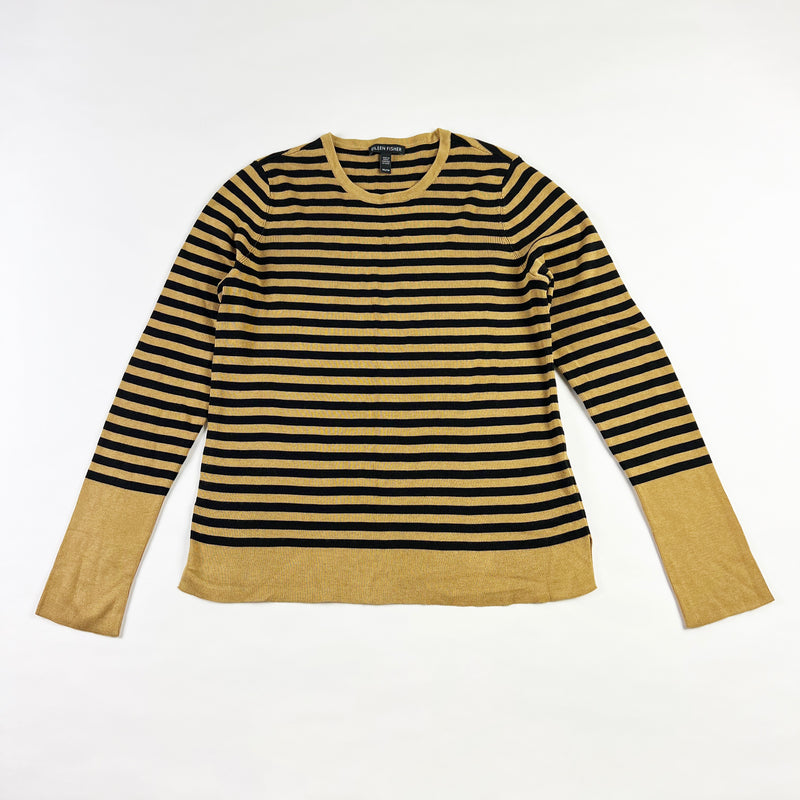 Eileen Fisher Tencel Silk Stretch Knit Crew Neck Brown Black Striped Sweater XS