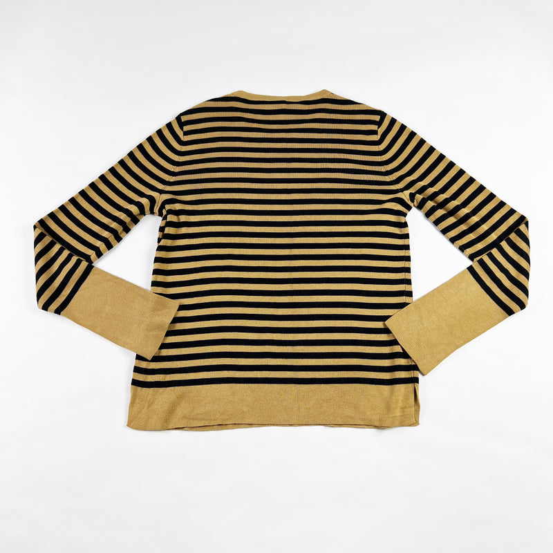 Eileen Fisher Tencel Silk Stretch Knit Crew Neck Brown Black Striped Sweater XS