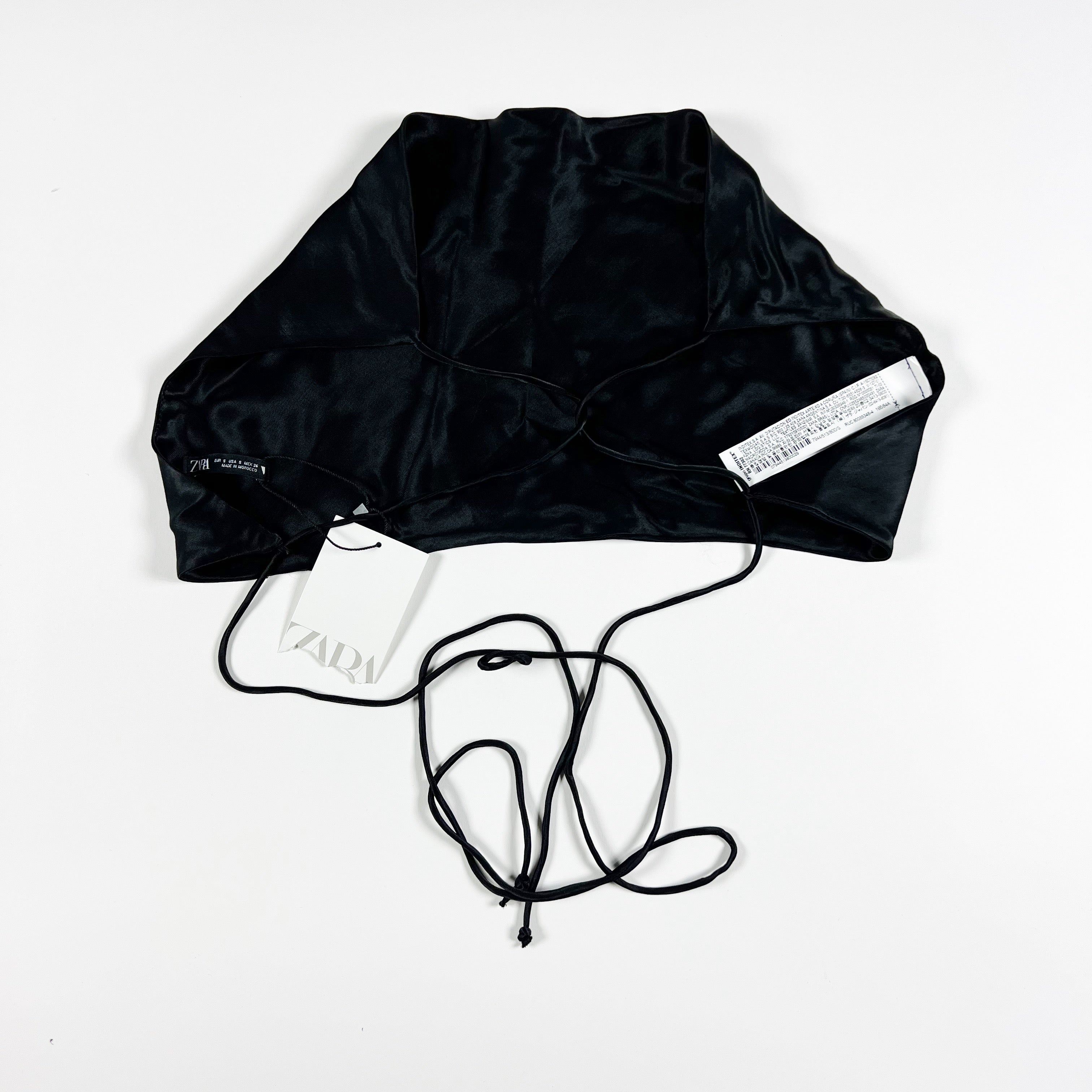 NEW Zara Satin Effect Cowl Neck Strappy Crop Tank Top Black Small