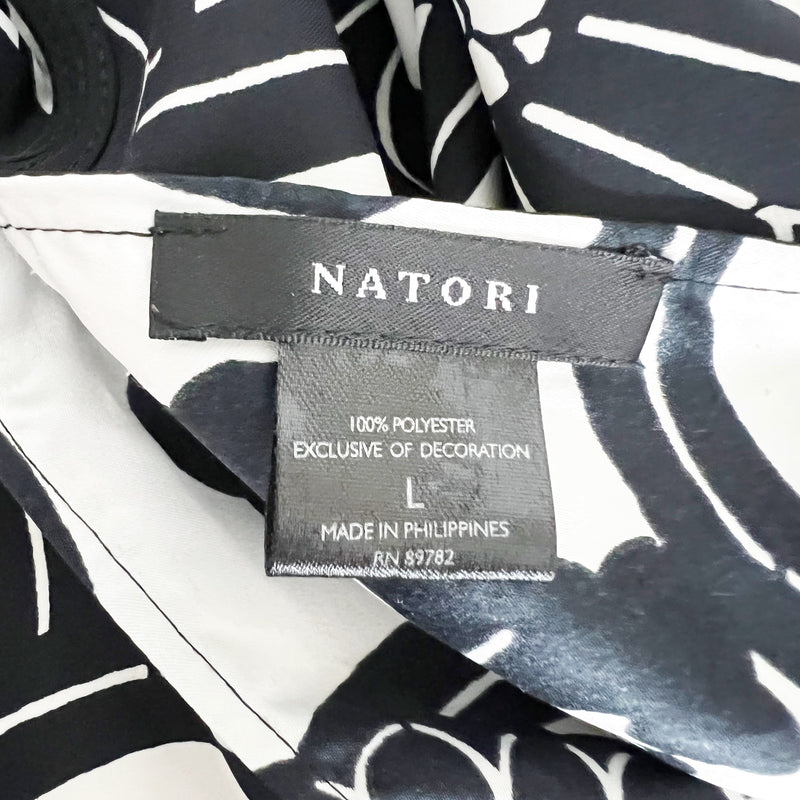 Natori Silk Road Black White Flora Print Satin Square Caftan Pajama Lounge Dress